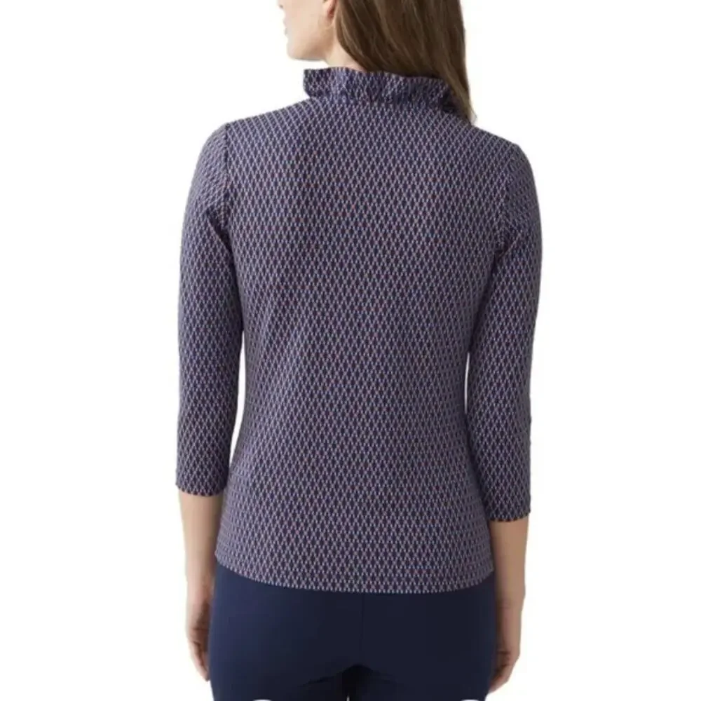 J McLaughlin Durham Ruffle Top Navy Blue Brown Geo Print XS Preppy 3/4 Sleeve